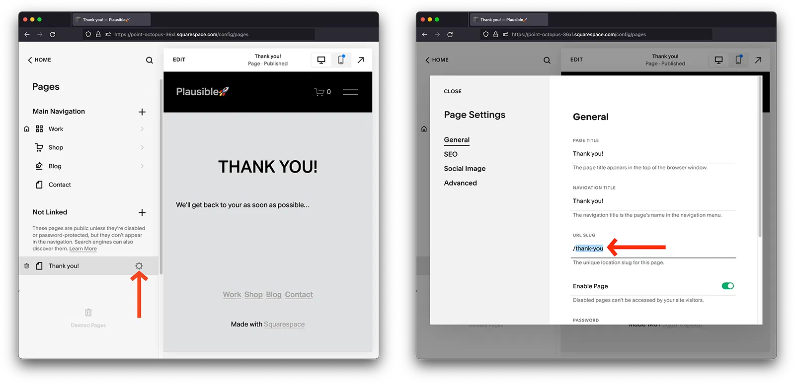 Squarespace form submission thank you page path