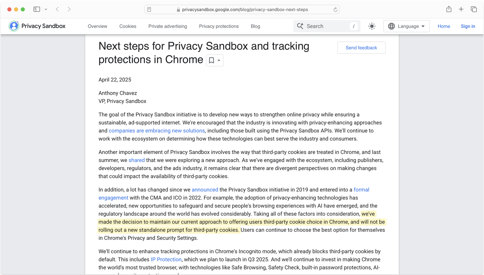 Google's April 2025 Privacy Sandbox announcement about third-party cookie choice in Chrome